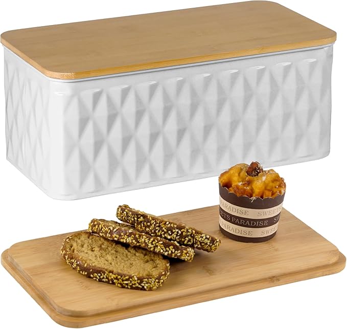 Large White Diamond Embossed Bread Box with Bamboo Lid | Corner Breadbox for Homemade Bread, Metal Bread Storage Container Bin for Kitchen Countertop