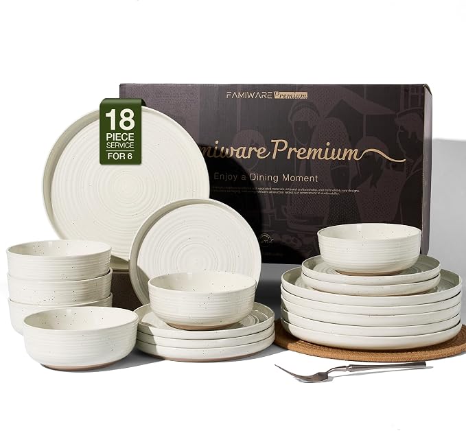 Stoneware Dinnerware Sets for 6, Plates and Bowls, Cream | 18-Piece Ceramic Speckled Spiral Dishes, Chip & Scratch Resistant, Microwave & Dishwasher Safe, Everyday Use, Farmhouse Style