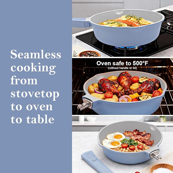 AIKENBBKK 12 Inch Nonstick Deep Frying Pan with Steamer, Ceramic Skillet with Lid, Steamer Pan for Cooking, 5 QT Non Stick Saute Pan with Detachable Handle, PTFE & PFAS-Free, Oven Safe, Blue