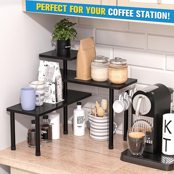 JayRex 3-Tier Bathroom Countertop Corner Shelf Organizer, Black | Space-saving corner design organizes spices, skincare and toiletries on kitchen and bathroom counters.