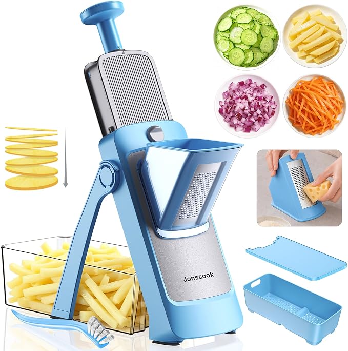 7-in-1 Safe Mandoline Slicer for Kitchen, Vegetable Slicer with Container | Adjustable Veggie Chopper Cutter, Upgraded Tray & Stainless Steel Grater & Basket & Lid & Cleaning Brush (Blue Pro)