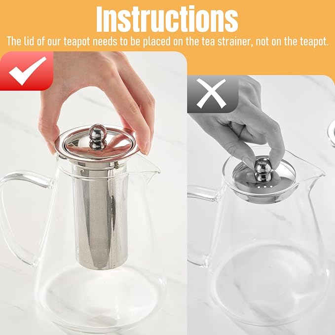 Baalaka Teapot with Infuser, 44 oz Borosilicate Glass Kettle, Stovetop | Removable 18/8 stainless steel strainer filters loose leaf, fruit and herbal blends; wide mouth and angled spout ease use