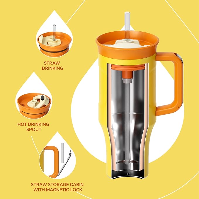Ideus 32 oz Tumbler with Handle and Straw, Yellow | 100% Leak Proof, Double Wall Vacuum Insulated, Stainless Steel Travel Mug, Cup Holder Friendly