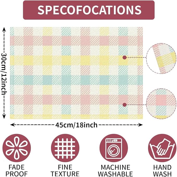 Buffalo Plaid Blue Pink Yellow Spring Easter Placemats Set of 4, 12x18 Inch Table Mat Easter Placemat Decor for Holiday Party Kitchen Dining Room Decoration