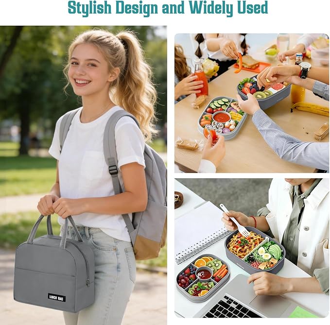 RIKDOKEN Bento Lunch Box, Stackable 2 Layers Containers with Compartments, Portable 64OZ Large Capacity Leakproof Bento Box with Spoon & Fork & Lunch Bag, Microwave Safe Lunch Box for Kids and Adults