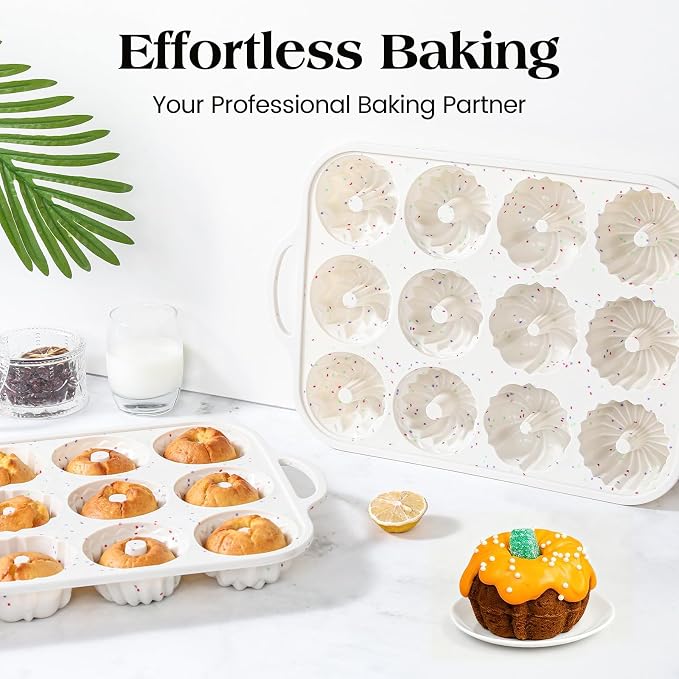 Vinino 3 Inch Mini Fluted Cake Pan, 2 Pack with Metal Frame | 4 Shapes 12 Cavity Mini Cake Mold Set for Batch Baking, Flan, Jello, Pudding, Brownies & Desserts
