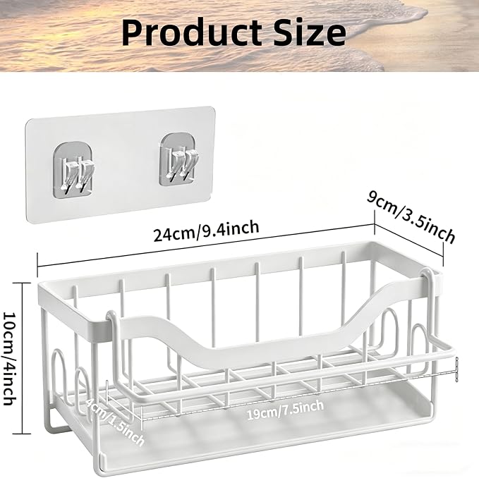 Sponge Holder for Kitchen Sink - Sink Caddy Organizer with Auto Drain Tray, Detachable Towel Rack, Stainless Steel Kitchen Counter Organizer Rack (White)