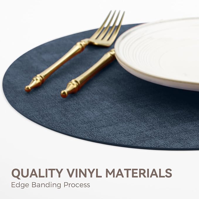 13" Round Placemats Set of 8, Reversible Faux Leather Wipeable Table Mats | 2mm Vinyl Heat Resistant, Waterproof Oilproof Scratch Proof Non-Slip, Washable for Kitchen Dining Indoor Outdoor (Navy Blue)