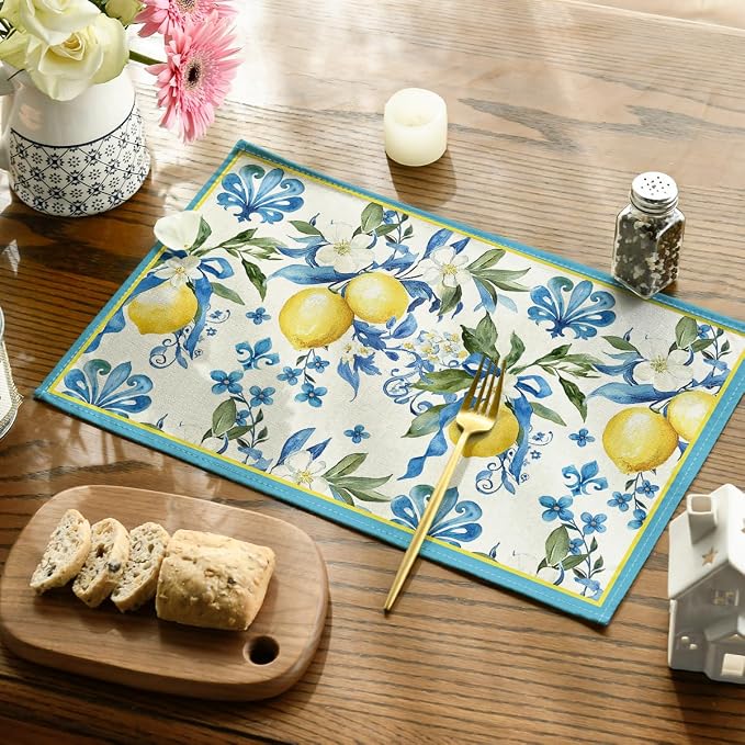 Artoid Mode Blue Lemon Iris Summer Placemats Set of 4, 12x18 Inch Seasonal Table Mats for Party Kitchen Dining Decoration