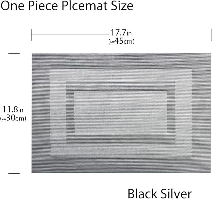 PIGCHCY Placemats Set of 6,Washable Woven Place Mats Vinyl Table Mats Non Slip Placemats Heat Resistant Durable Placemats for Dining Table (Silver Black)