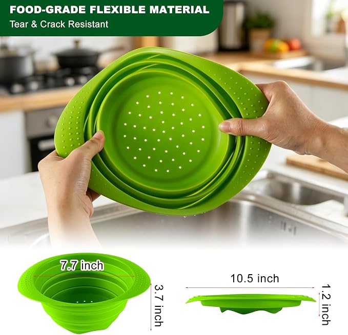 Collapsible Silicone Colander with Handle, 10.5-Inch Large Capacity Foldable Strainer for Vegetables, Pasta, Fruits - Heat Resistant up to 212°F, Non-Slip Base, Space-Saving Kitchen Tool-3pack