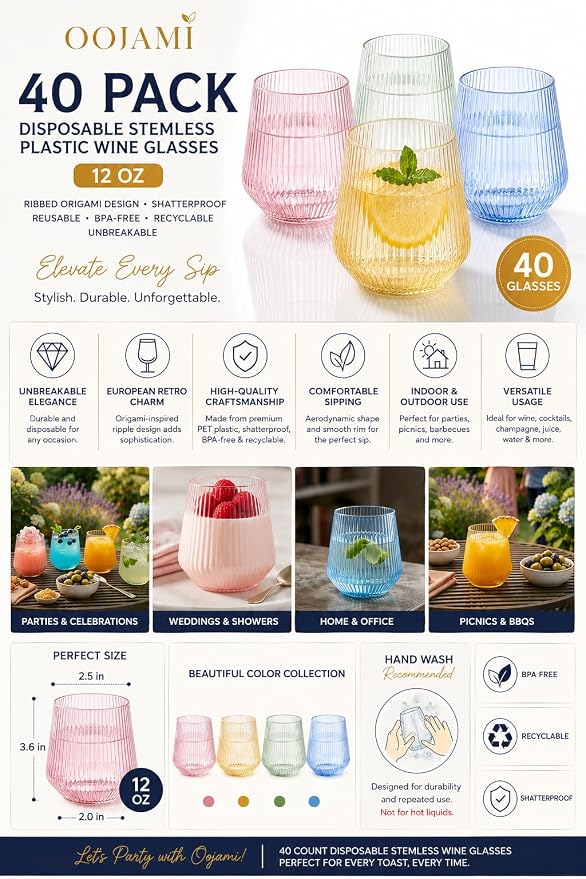 40 Pack Disposable Stemless Plastic Wine Glasses 12 oz - Origami Ribbed Shatterproof Reusable BPA-Free Recyclable Unbreakable Cocktail Cups, Champagne Wedding Birthday Party, Oojami (Color Collection)