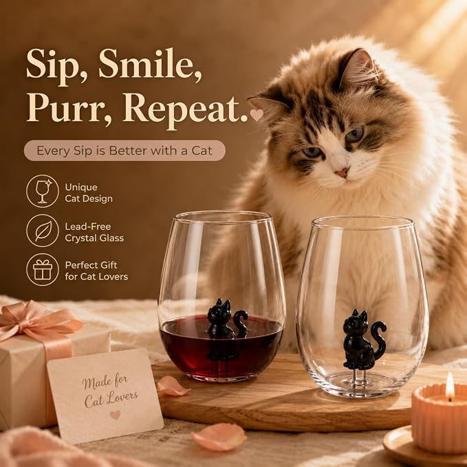 3D Black Cat Stemless Wine Glass Set of 2, Cat Decor Hand Blown Drinking Glasses, BlackCat Lover Gifts for Women Halloween Birthday Wedding Party Dad Gifts Cute Mothers Day Gift (14oz)