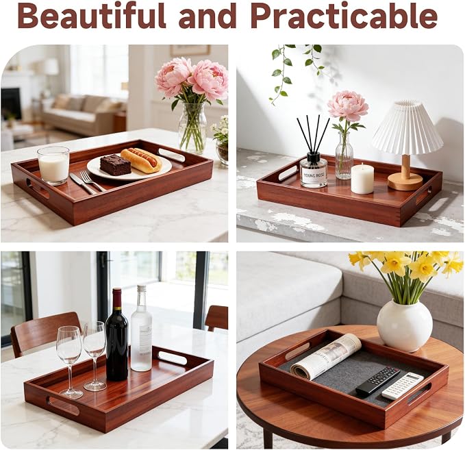 17 x 12 Inch Acacia Wood Large Serving Tray with Handles | Multi-use Tray for Coffee Table, Ottoman, Bed Breakfast, Included Free Leather Mat