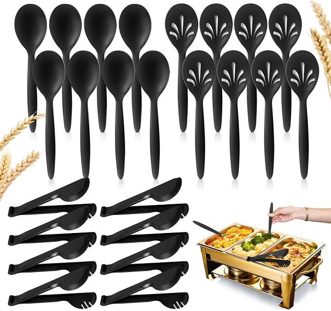 Reusable Plastic Serving Utensils Set of 24, Wheat straw Large Serving set 10" Serving Spoons/10" Slotted Spoons/9.4" Tongs, for Party Chafing Dish Buffet Catering (Black, Not for Cooking)