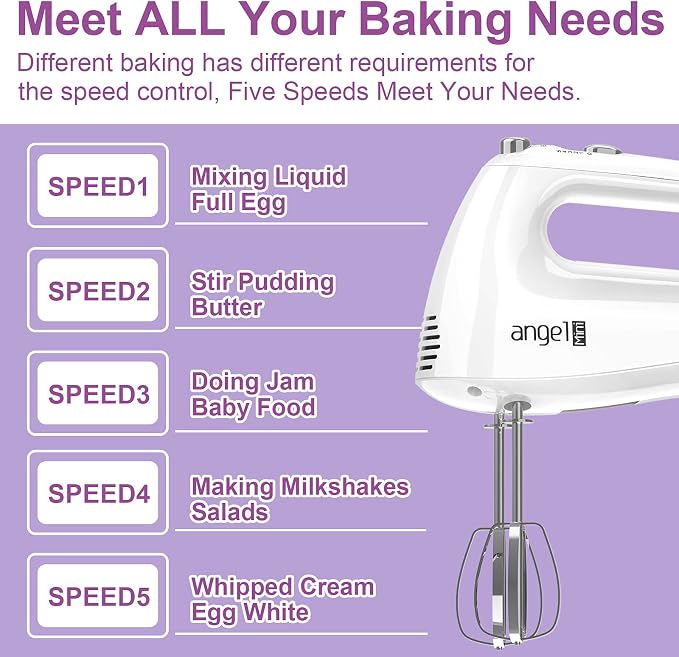 Hand Mixer, 400W Portable Kitchen Handheld Mixer with Eject Button, 5 Speed & 5 Stainless Steel Accessories, Egg Beaters and Whisk for Easy Whipping Cake, Cream, Batters, Cookies