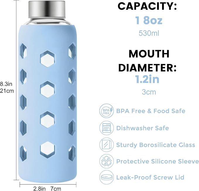 Mrsdry 18 oz Glass Water Bottles with Lids & Silicone Sleeves, 4-Pack | BPA Free, Leak-Proof Reusable Glass Drinking Bottles with Stainless Steel Airtight Cap for Juicing, Dishwasher Safe, Non-Slip