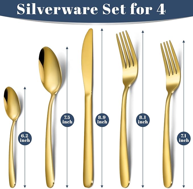 Hunnycook 20-Piece Gold Silverware Set - Stainless Steel Silverware Set for 4, Includes Forks Spoons and Knives, Utensil Sets for Home Kitchen Restaurant, Dishwasher Safe