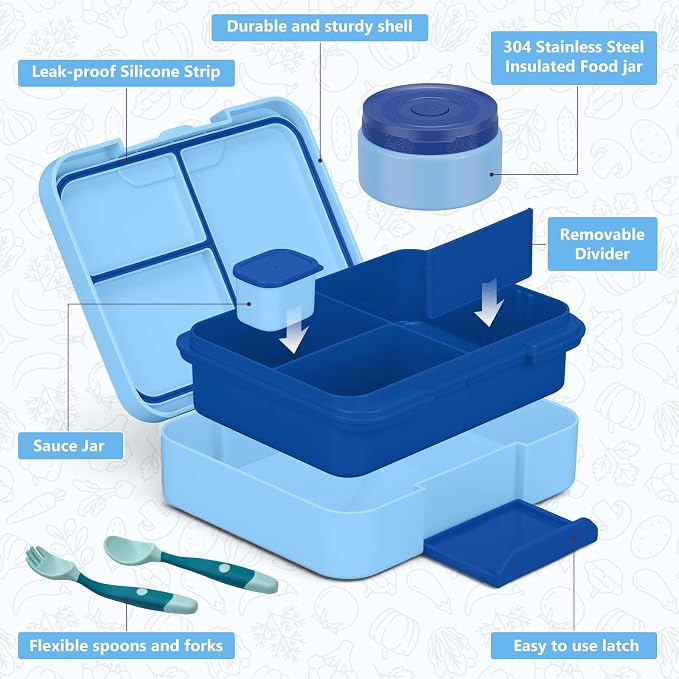 WyfKyd Bento Lunch Box Set with Soup Thermo Food Container for Kids Adults | Bento Box Set with 9.5oz Soup Thermo Kids Leak-proof Lunch Box Container with Insulated Hot Food Jar and Bag for School Blue