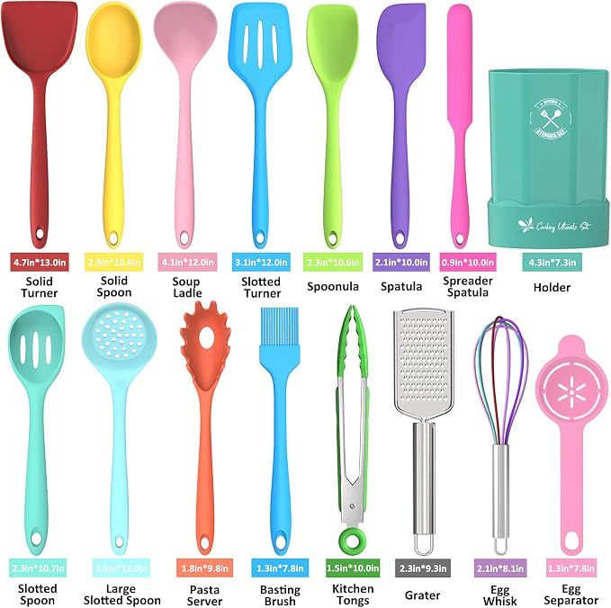 Silicone Kitchen Utensils Set, 16-Piece Silicone Cooking Utensils by Deedro | Heat Resistant Kitchen Tools Set with Holder, Nonstick Spatula Kitchen Gadgets for Cooking & Baking, Colorful