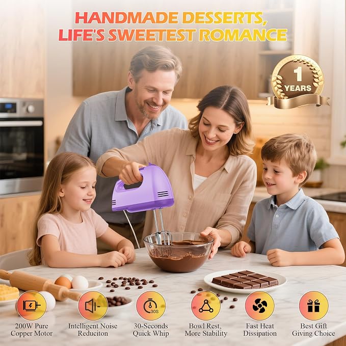 WADODO 7-Speed Electric Hand Mixer – Portable Food Mixer Kitchen Mixer with 304 *(1x Whisk, 2x Beater, 2x Dough hook) for Baking Cakes, Cream, Cookies, PURPLE