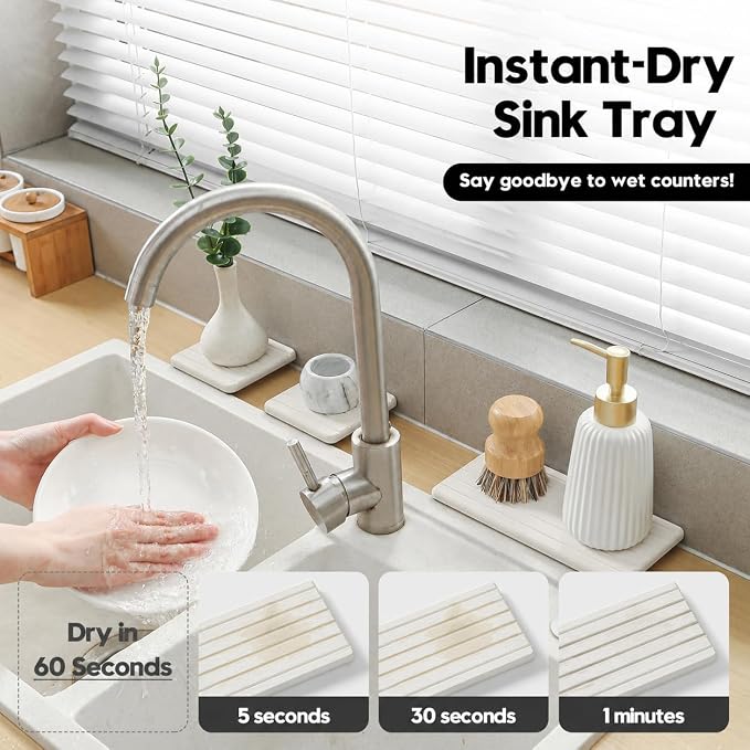 Diatomaceous Earth Sink Organizer Tray Set, 3-Pack Fast Drying Water Absorbing Stone Soap Holder Caddy for Kitchen & Bathroom Counter, Faucet Splash Guard, Beige (1pc of 8"x3.8" + 2pcs of 3.8"x3.8")