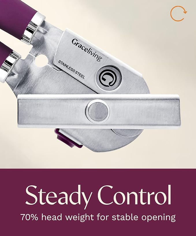 Heavy Duty Manual Can Opener with Magnetic Lid Lifter, Mauve | Premium Stainless Steel Body, Sharp Cutting Blade, Oversized Easy-Turn Knob, Soft-Touch Handle, Bottle Opener, Kitchen Use