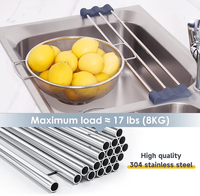 Tomorotec Adjustable Over-The-Sink Kitchen Rack, BPA-Free, Deep Gray | Holds 16.5 Lbs; For Dishcloths, Sponges, and Brushes - Heat-Resistant Stainless Steel with Slim, Expandable Design