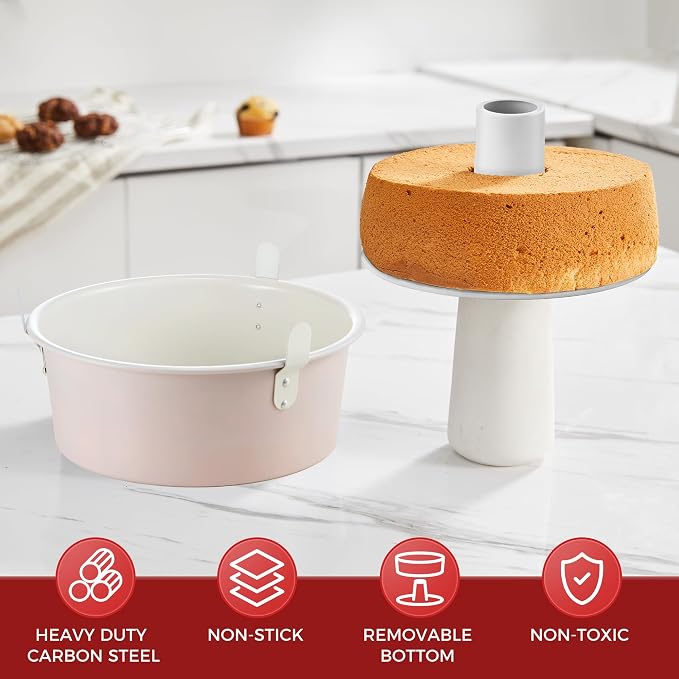 Nonstick Angel Food Cake Pan with Removable Bottom, 10 Inch Tube Pound Cake Pans for Baking Chiffon Cake, 16-Cup, Heavy Duty, Pink
