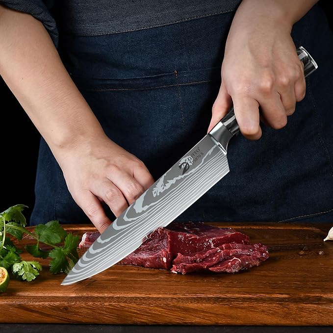 Chef Knife Sets with Roll Bag, 9 Pieces Professional Knife Set | High Carbon Stainless Steel Kitchen Knife Set with Sharpener, Black Resin Handle, Kitchen & Home Cooking, Dishwasher Safe