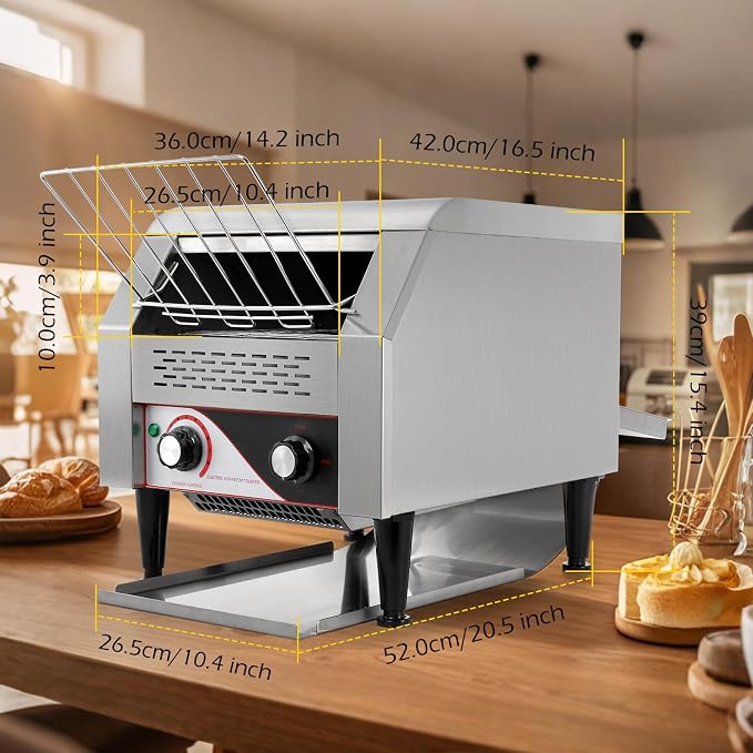 Dyna-Living Commercial Toaster 300 PCS/H Conveyor Toaster for Restaurant | 1900W Commercial Conveyor Toaster, Heavy Duty Stainless Steel Rolling Bread Toaster for Baking Bun, Bagel, Bread