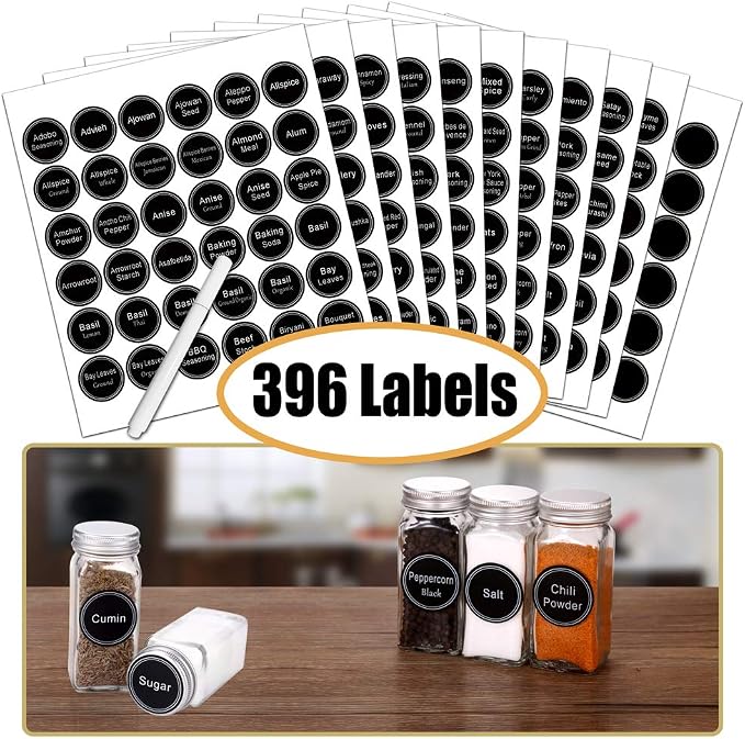 SWOMMOLY Spice Rack Organizer with 32 Glass Spice Jars and 396 Spice Labels | Chalk Marker, Funnel - Spice Organizer for Cabinet, Countertop, Pantry, Cupboard & Wall Mount, 14.8" W × 12.6" H, Black