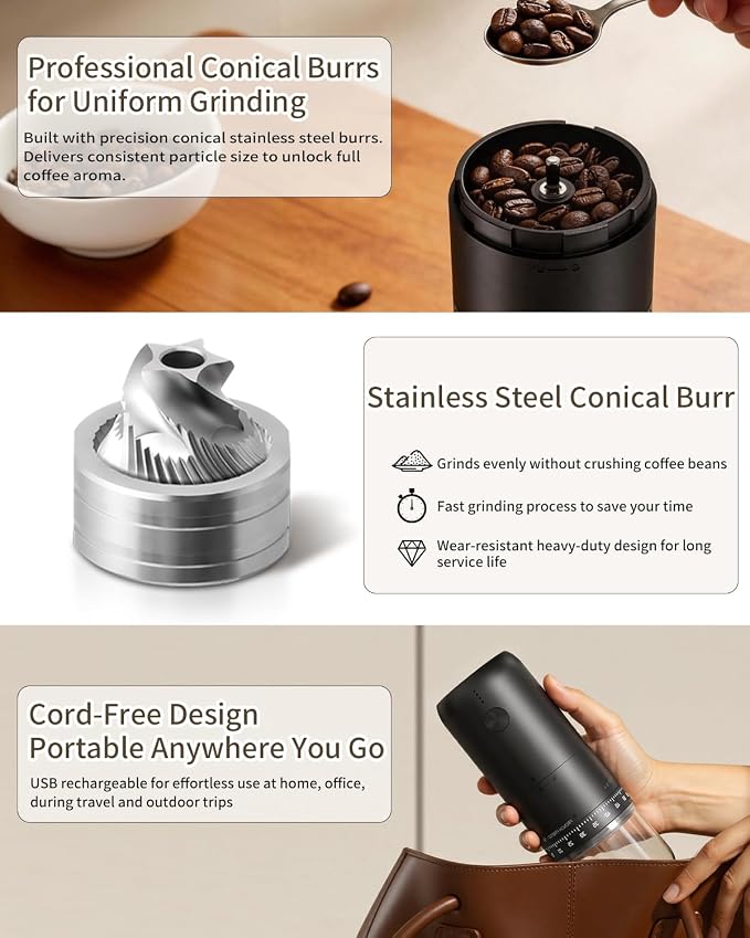 CIRCLE JOY Rechargeable Electric Burr Coffee Grinder Portable Cordless Coffee Bean Grinder with Stainless Steel Conical Burr, 90-Level External Adjustment and Battery Indicator Light, Black