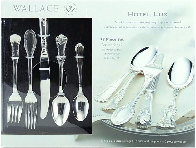 Wallace Hotel 77-Piece Flatware Set, 18/10 Stainless Steel Silverware Set for 12 with Filigree Handles, Dishwasher Safe Cutlery Set for Formal Dining
