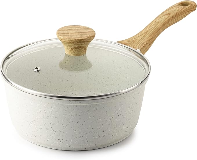 SENSARTE 2QT Ceramic Nonstick Saucepan with Lid, PTFE/PFAS/PFOS Free | Cooking Pot with Stay Cool Handle, Induction Compatible Saucepot, White Ceramic Coating