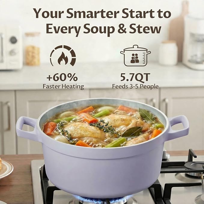 BEZIA 5.7 QT Lightweight Ceramic Nonstick Dutch Oven with Lid, Stock Pot | Versatile Cooking Pot for Soup, Family Stew & Braising, Oven Safe Casserole, Induction Ready, Easy to Clean, for 3-5 People