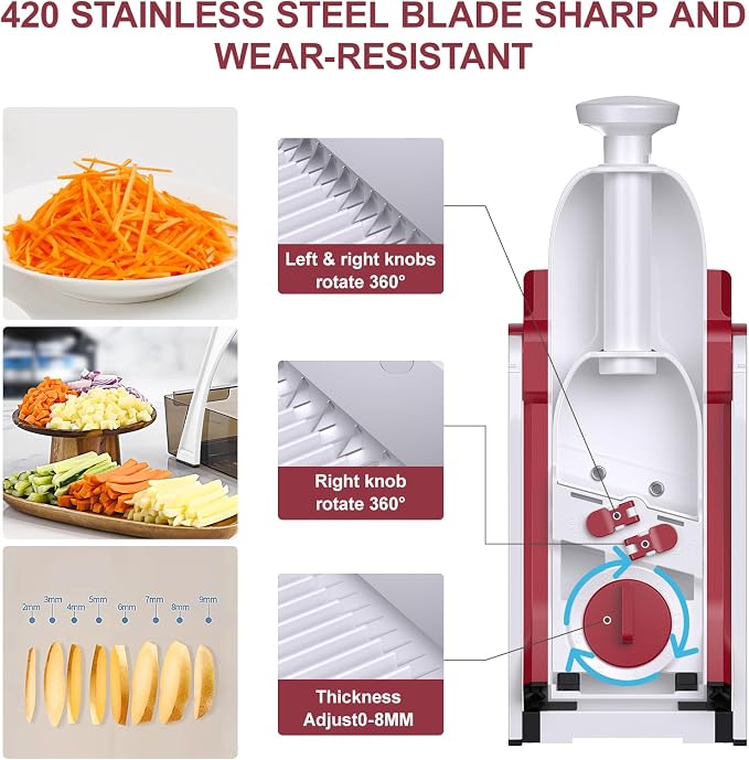 5 in 1 Adjustable Safe Mandoline Slicer for Kitchen with Paring Knife | Safe Mandoline Slicer for Kitchen, Easy to Clean/Storage, Potato Slicing, Strips, Shredding, Dicing, Chop, Cleaning brush