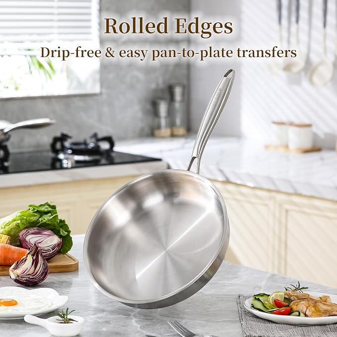 DELARLO Tri-Ply Stainless Steel Pan,18/10, 9" 11" | Nontoxic Durable Oven Safe 800℉ All Cooktops Compatible Fast Even Heat PFOA Free Large Frying Pan Nontoxic Cookware