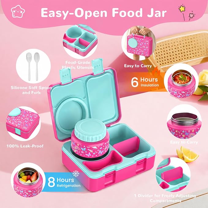Bento Box for Kids, Leakproof Kids Lunch Box with 8.5OZ Thermo Food Jar & Lunch Bag, 3-4 Compartments Toddler Insulated Lunch Box for Girls, BPA Free Lunch Containers for School Daycare