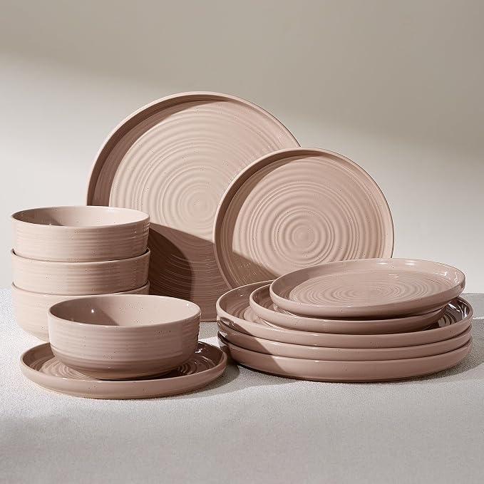 Stoneware Dinnerware Sets for 4, Plates and Bowls, Brown | 12-Piece Ceramic Speckled Spiral Dishes, Chip & Scratch Resistant, Microwave & Dishwasher Safe, Everyday Use, Farmhouse Style
