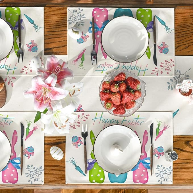 Green Blue Pink Rabbit Bunny Easter Placemats Set of 6, 12x18 Inch Spring Jesus Easter Table Mats for Holiday Party Kitchen Dining Room Decoration