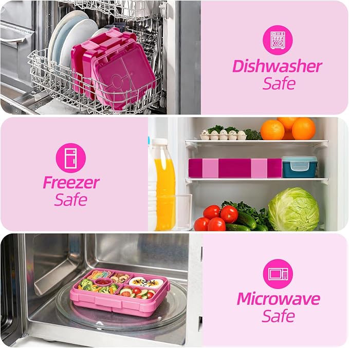Bento Lunch Box for Kids, 5/6 Compartments, Rose Red | Dishwasher Safe Back to School Snack Bento Lunch Containers Boxes, Ideal Portion Sizes for On-the-Go Meal, Ages 3+, School