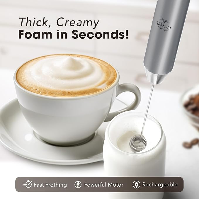 Zulay Kitchen Rechargeable Milk Frother Handheld - Frother Wand, Drink Mixer, Electric Whisk Frother, for Cappuccinos, Matcha & Protein Powder - Lux 4 Whisk 2 Speed Waterproof 2000mAh Silver
