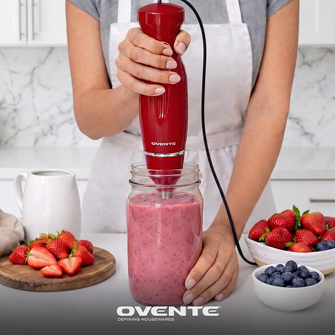 OVENTE Electric Corded Hand Blender, 300W with 2 Mixing Speeds Red HS560R | Handheld Immersion Stick Mixer with Stainless Steel Blades for Smoothies, Purees & Baby Food