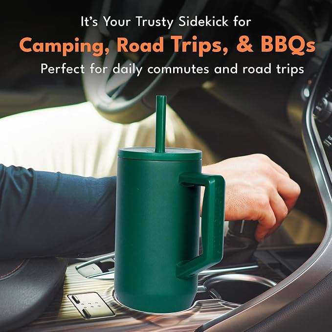 Elemental Spill Proof 40oz Insulated Tumbler with Handle & Straw Travel Mug | Stainless Steel Commuter Travel Coffee Mug for Cold Beverages, Includes 2 Straws & a Spill Proof Lid for Everyday Use