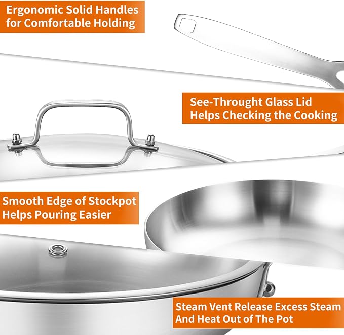 DELARLO Tri-Ply Stainless Steel Frying Pan Set 10" 12" with Lid Skillet | Stainless Steel Pan Cooking Heat fast and evenly Compatible with All Cooktops Dishwasher and Oven Safe