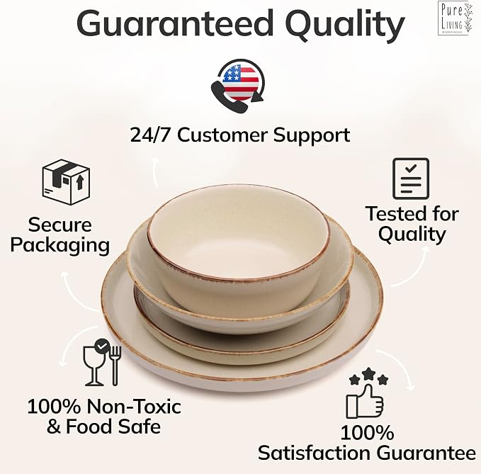 16 Piece Stoneware Dinnerware Set for 4 - Handmade Reactive Glaze Plates and Bowls Set - Chip & Scratch Resistant Dish Set - Dishwasher Microwave Safe - Rustic Beige
