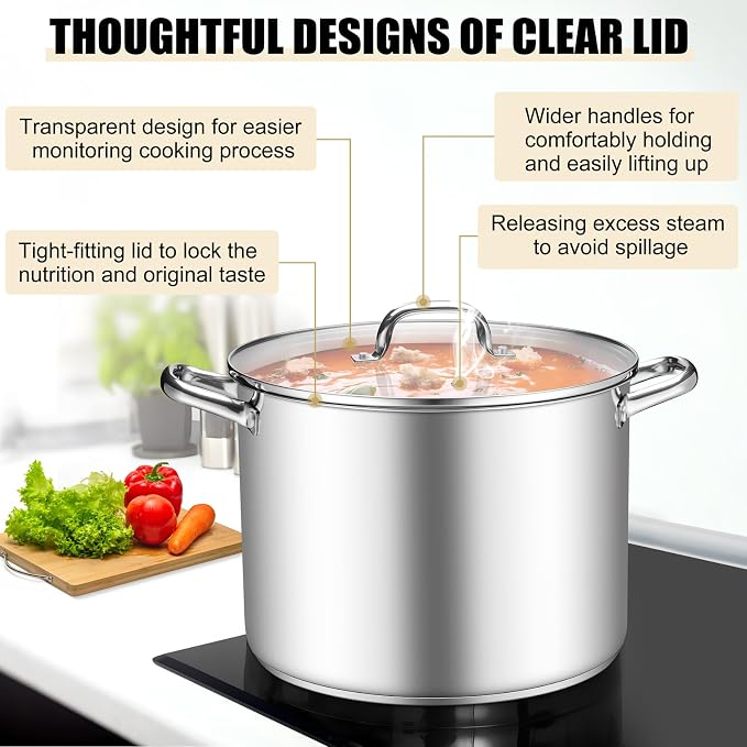 TeamFar Stainless Steel Stock Pot, 16QT Tri-ply Bottom Large Stockpot | Cooking Soup Pot with Lid, for Induction Gas Electric Glass Tops, Non Toxic & Sturdy, Straight Side & Various Stovetops Safe