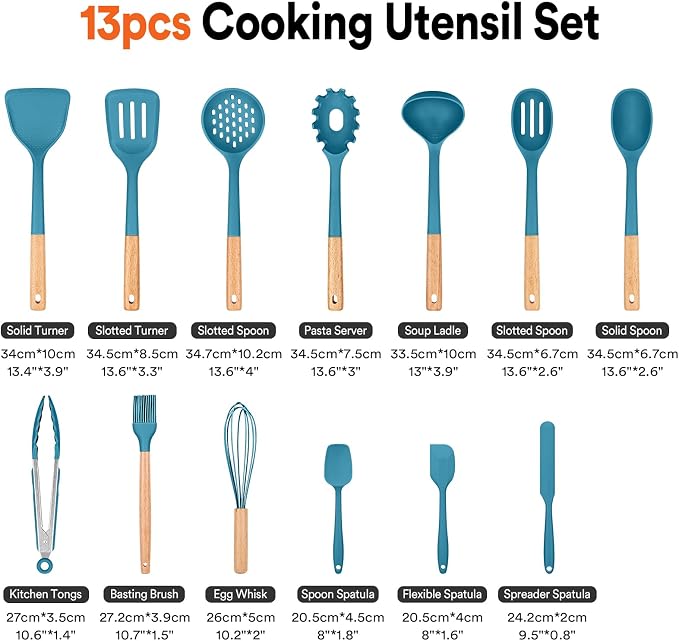 13PCS Silicone Kitchen Utensils Set for Nonstick Cookware, Blue | Food Grade, Heat Resistant Kitchen Utensil Spatula Set, Wooden Handles Kitchen Gadgets Tools Set