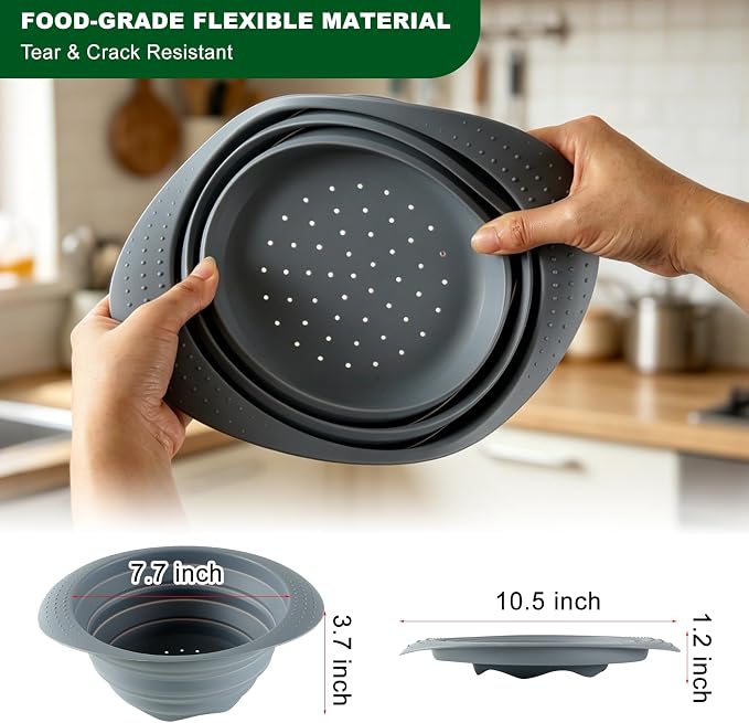 Collapsible Silicone Colander with Handle, 10.5-Inch Large Capacity Foldable Strainer for Vegetables, Pasta, Fruits - Heat Resistant up to 212°F, Non-Slip Base, Space-Saving Kitchen Tool-2pack